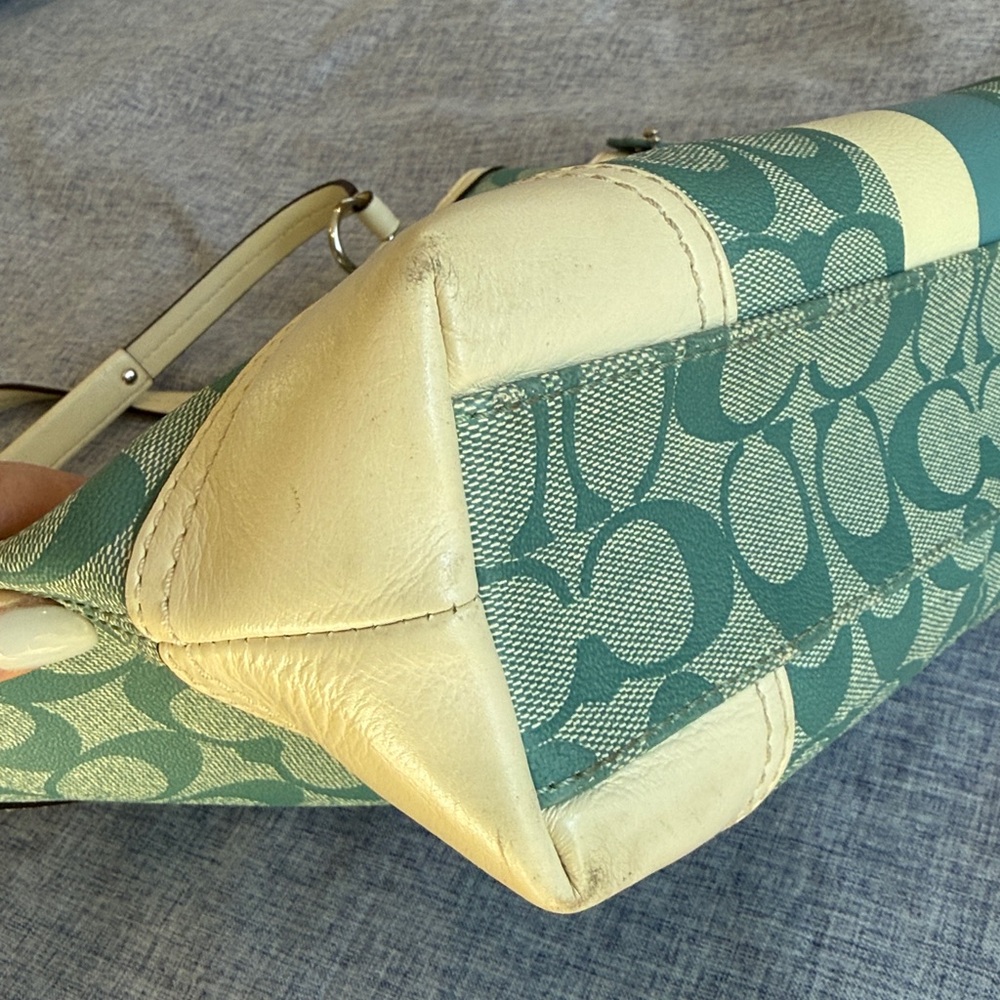 Coach Teal Signature Stripe Tote with Ivory Trim - Picture 11 of 15